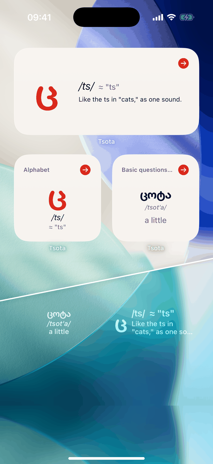 Home Screen with Tsota widgets showing the Georgian letter წ with its pronunciation and the word წოტა with transliteration and translation, and Lock Screen widgets below