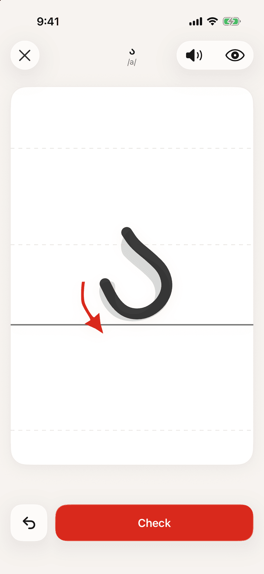 Writing practice screen with the Georgian letter ა traced on ruled lines, an arrow showing the stroke direction and a Check button