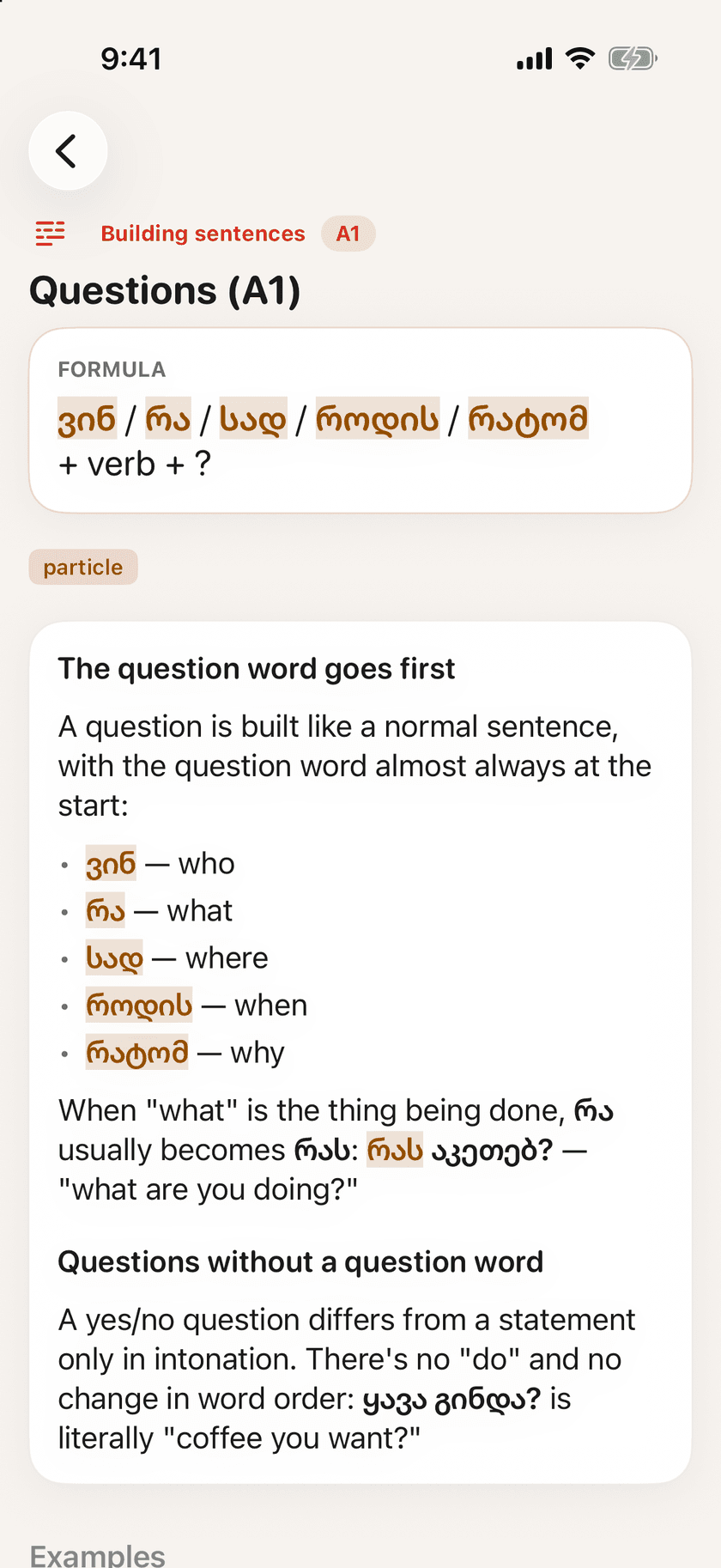 Grammar note on forming questions with Georgian question words, a formula and short English explanations
